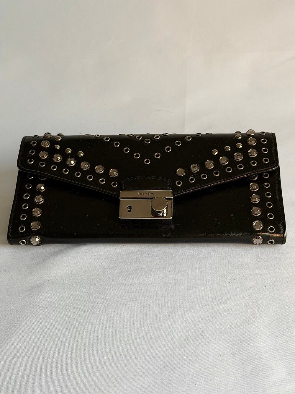 Prada Black Leather Crystal & Eyelet Studded Continental Flap WOC